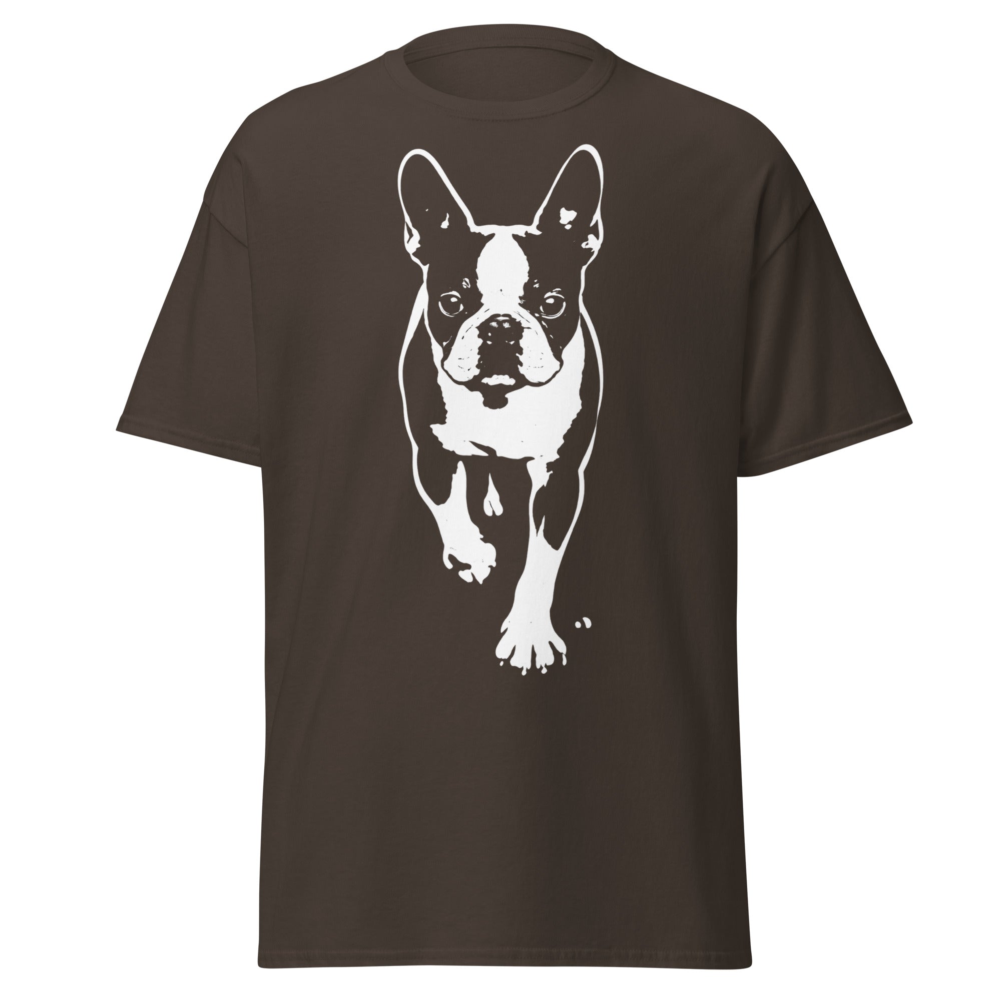 Boston Terrier Stencil Graphic – Minimalist Dog Lover Unisex Classic Tee . Dark Chocolate