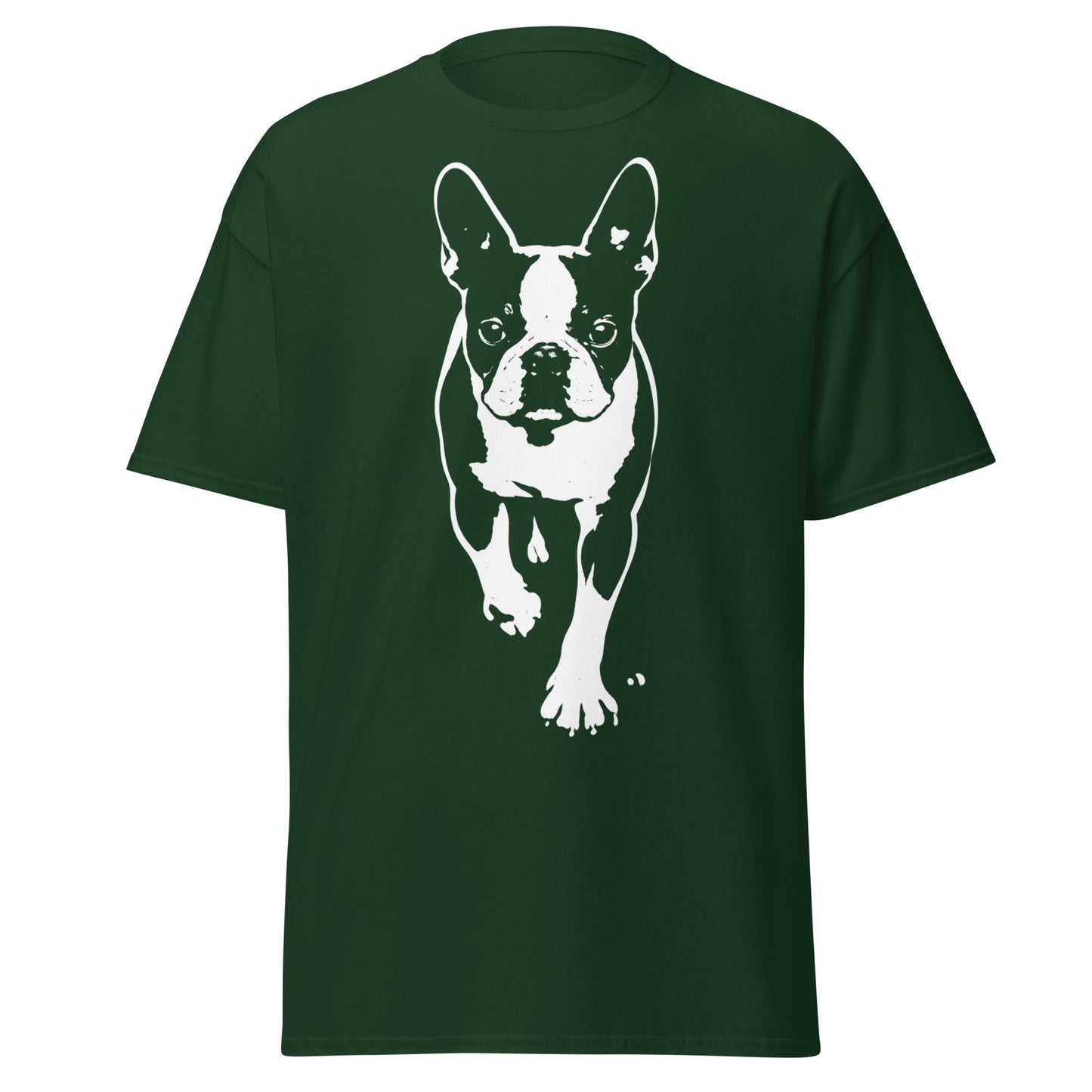 Boston Terrier Stencil Graphic – Minimalist Dog Lover Unisex Classic Tee . Forest Green