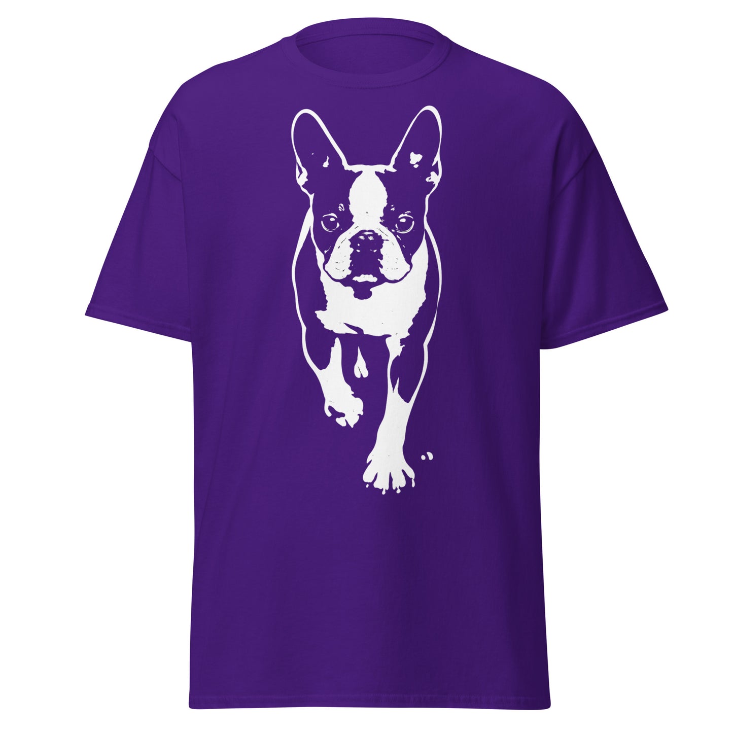 Boston Terrier Stencil Graphic – Minimalist Dog Lover Unisex Classic Tee . Purple