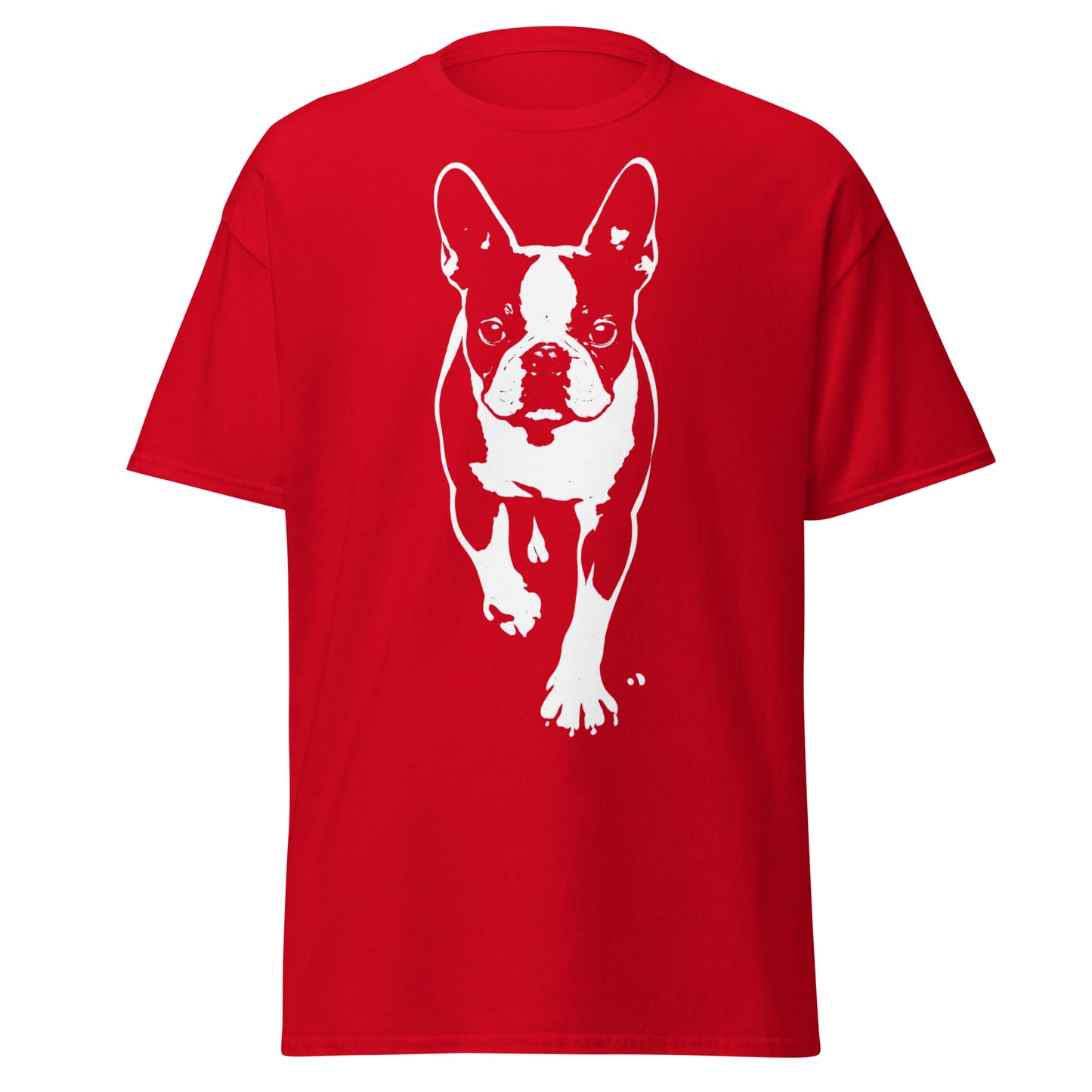 Boston Terrier Stencil Graphic – Minimalist Dog Lover Unisex Classic Tee . Red