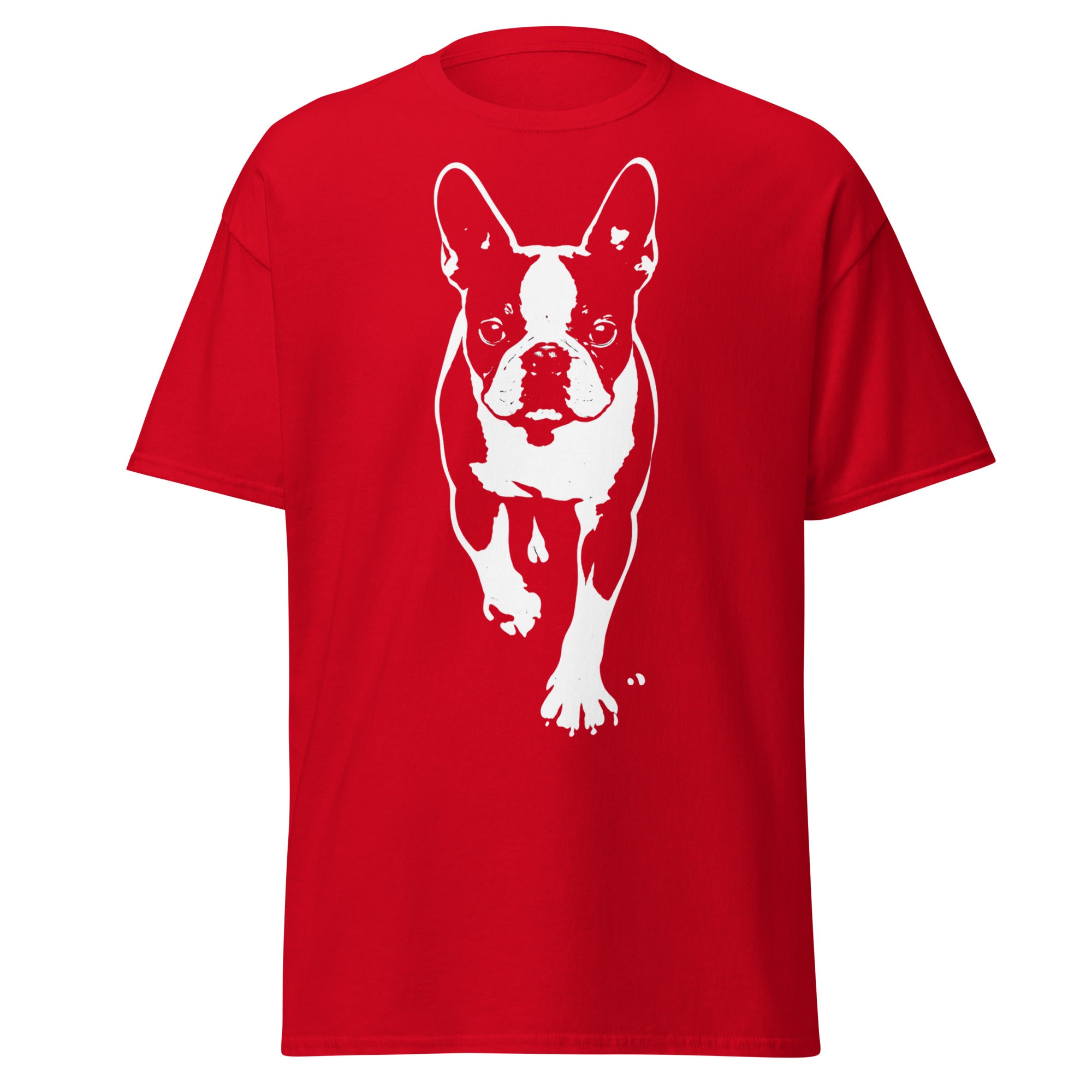 Boston Terrier Stencil Graphic – Minimalist Dog Lover Unisex Classic Tee . Red