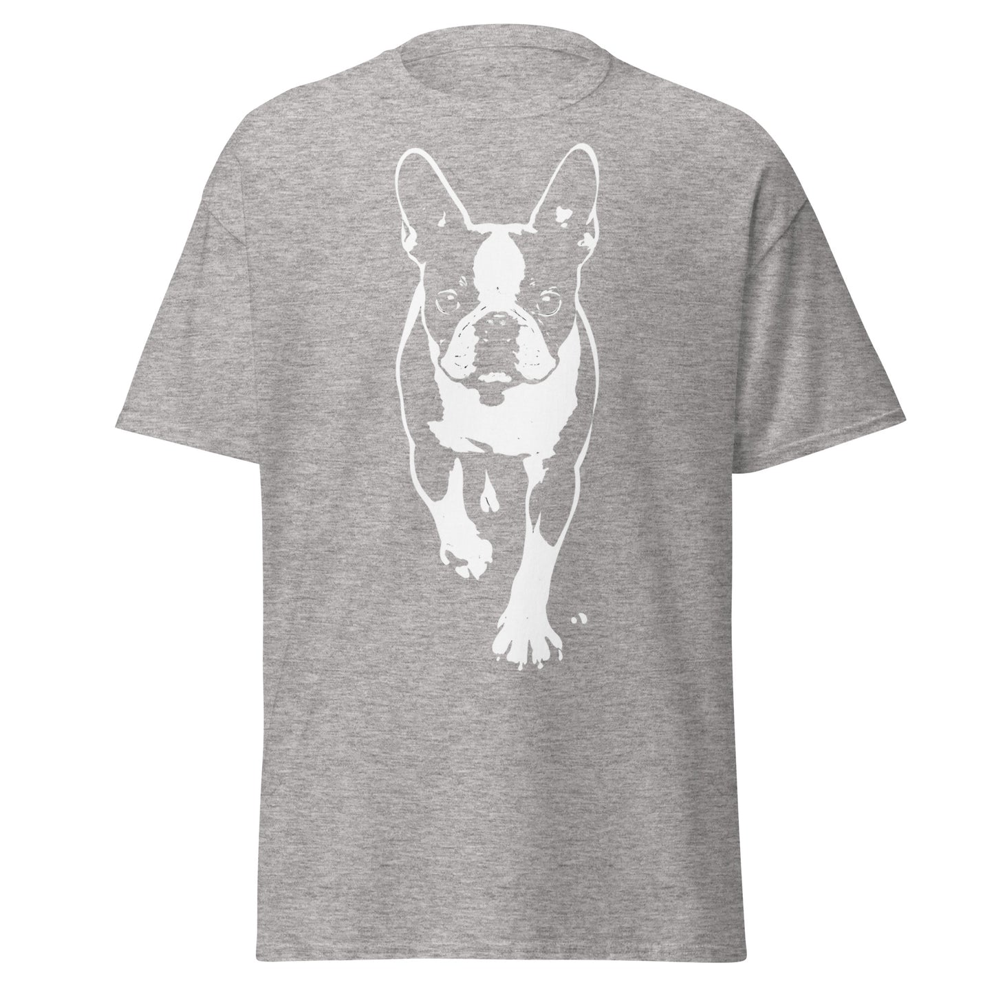 Boston Terrier Stencil Graphic – Minimalist Dog Lover Unisex Classic Tee . Sport Grey