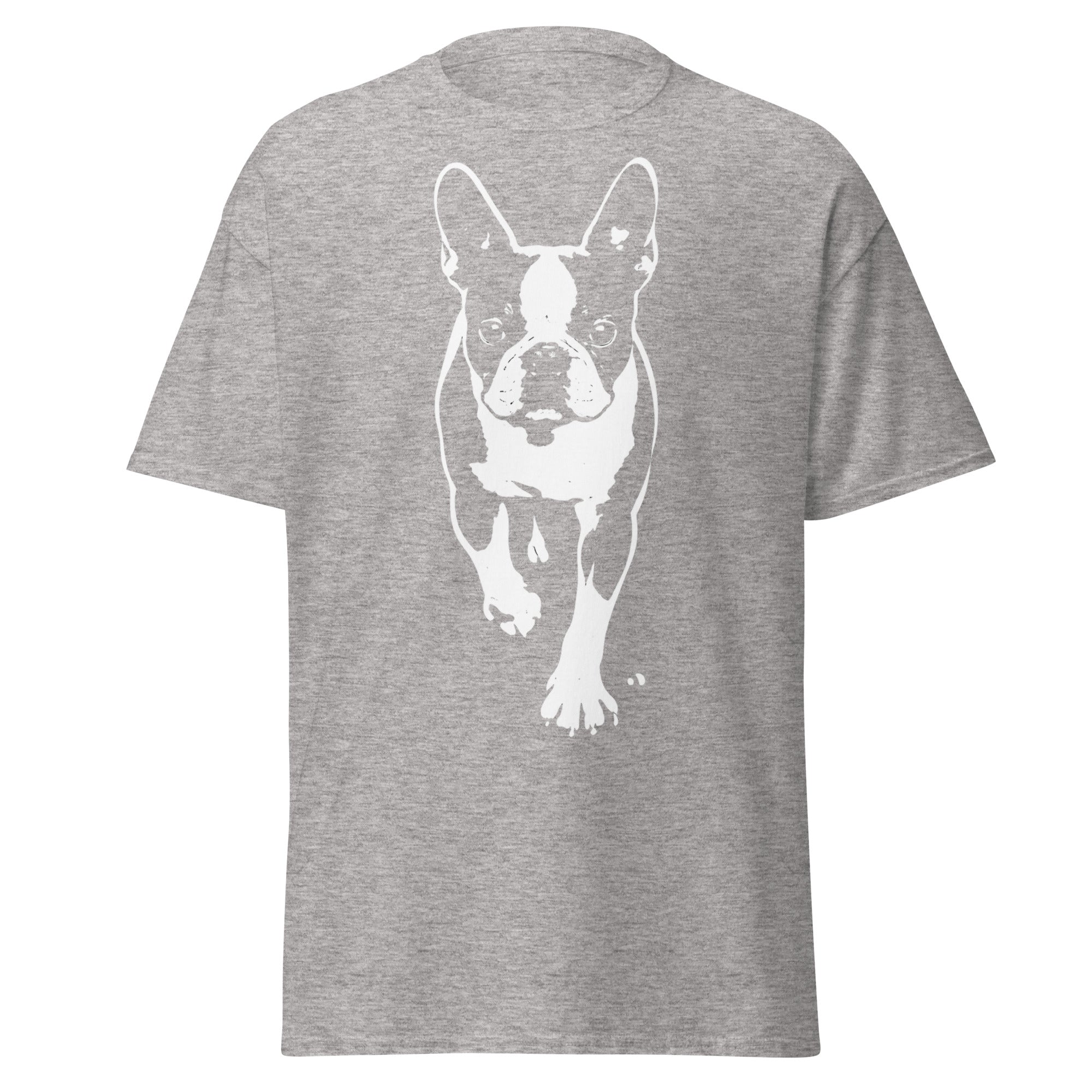 Boston Terrier Stencil Graphic – Minimalist Dog Lover Unisex Classic Tee . Sport Grey
