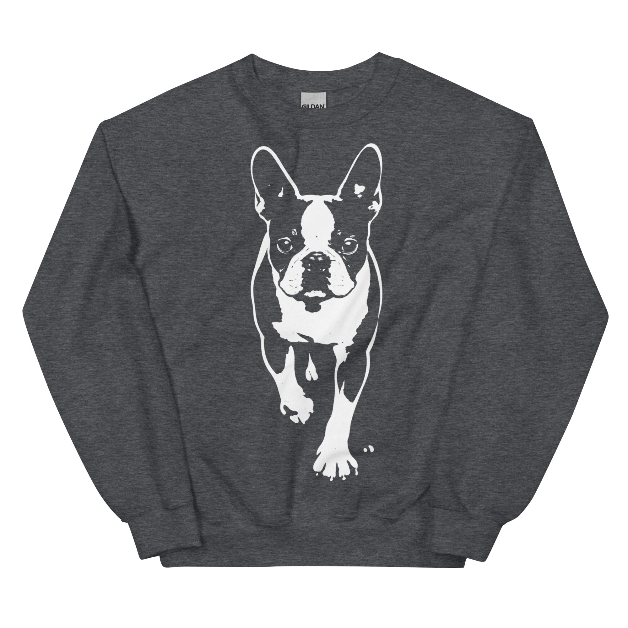 Boston Terrier Stencil Graphic – Minimalist Dog Lover Unisex Sweatshirt . Dark Heather