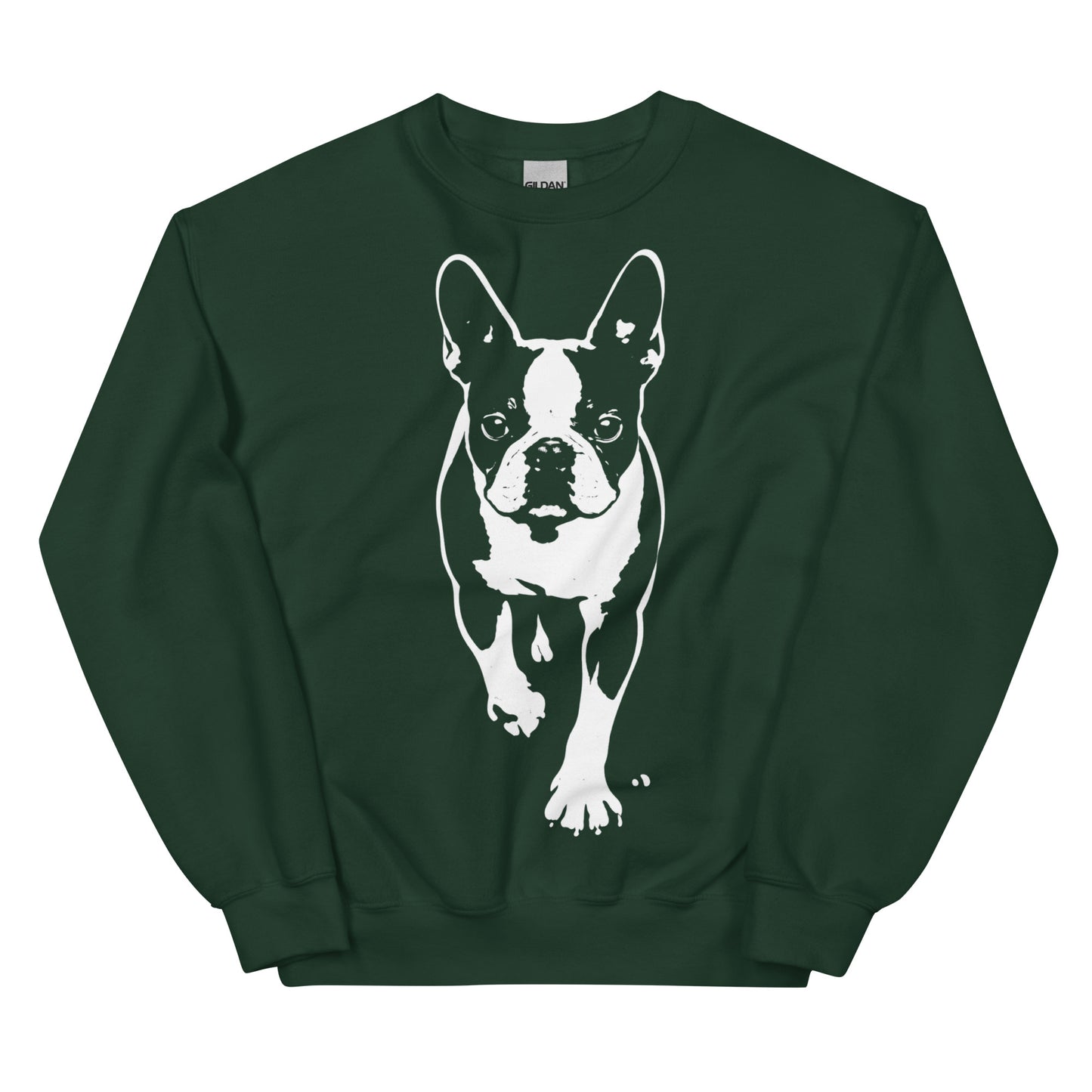 Boston Terrier Stencil Graphic – Minimalist Dog Lover Unisex Sweatshirt . Forest Green