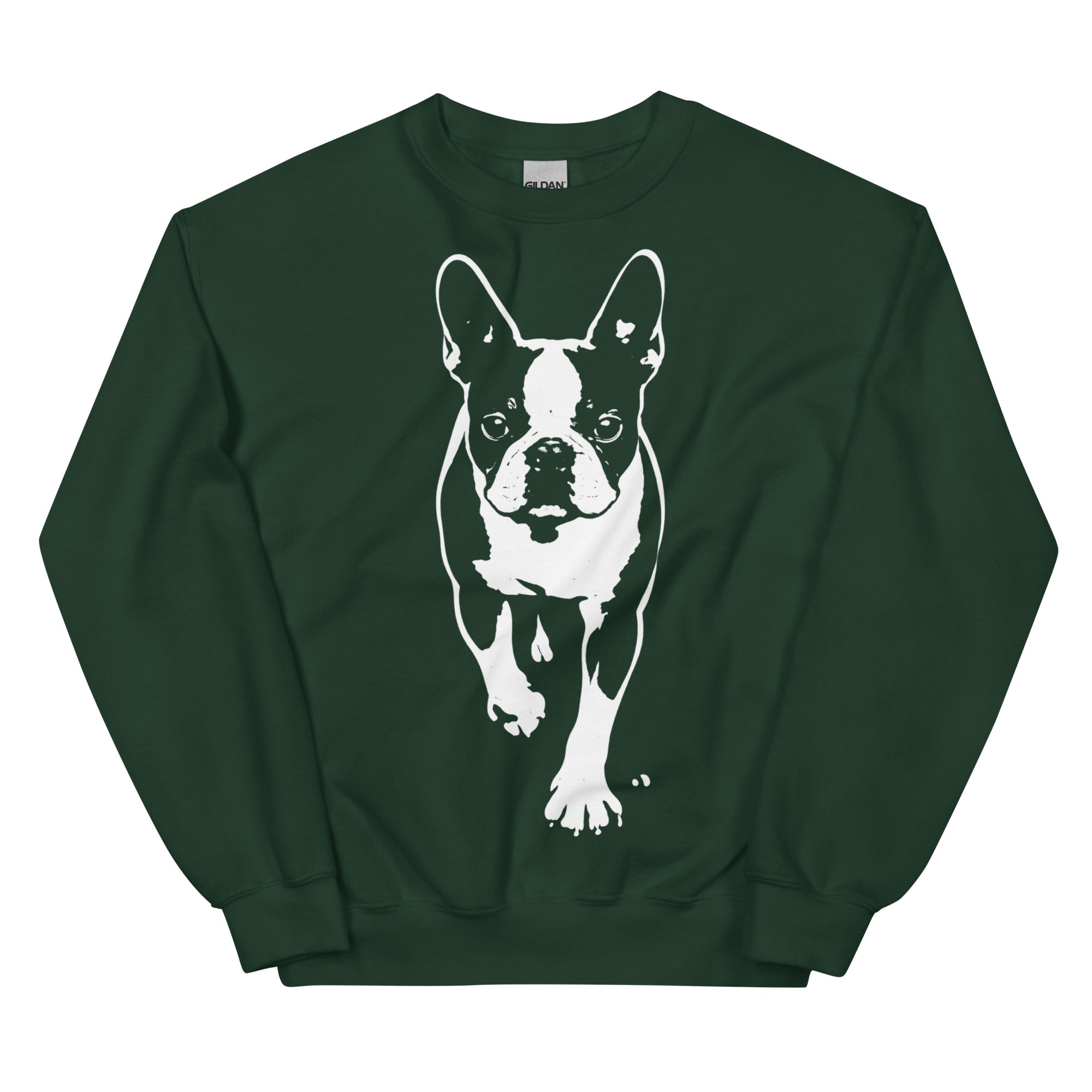 Boston Terrier Stencil Graphic – Minimalist Dog Lover Unisex Sweatshirt . Forest Green