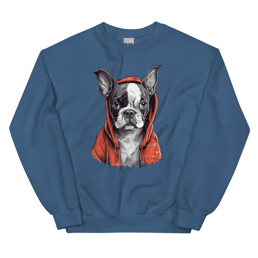 Boston Terrier in a Red Hoodie Sweatshirt