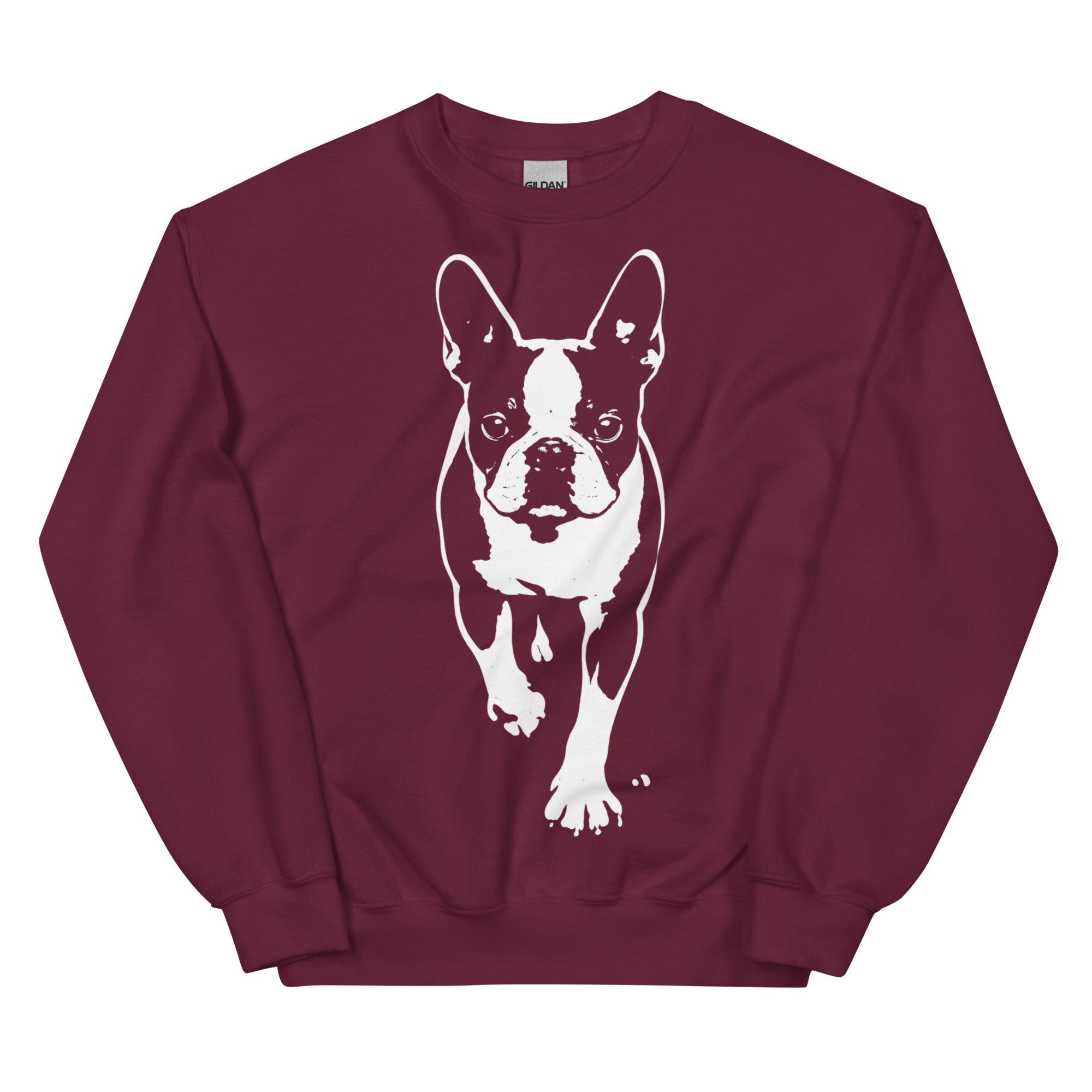 Boston Terrier Stencil Graphic – Minimalist Dog Lover Unisex Sweatshirt . Maroon