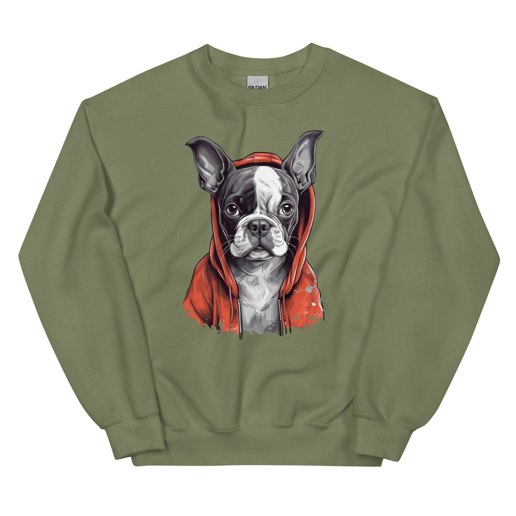 Boston Terrier in a Red Hoodie Sweatshirt