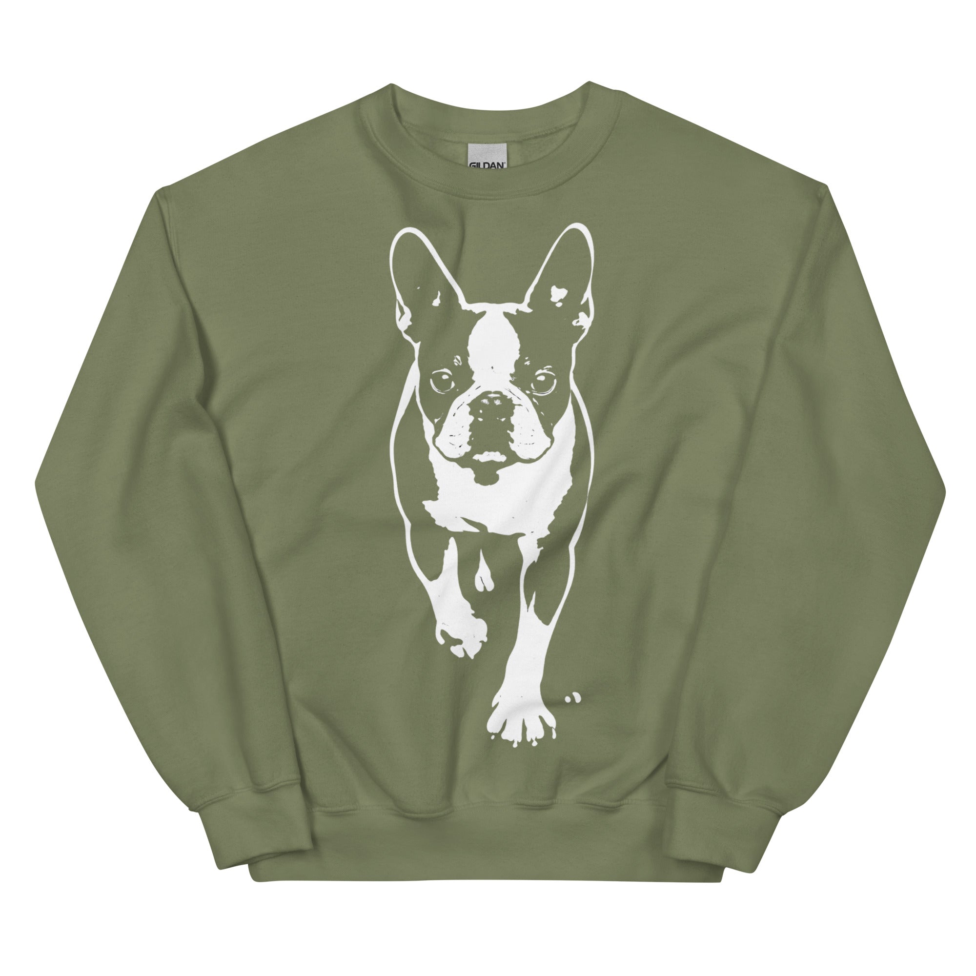 Boston Terrier Stencil Graphic – Minimalist Dog Lover Unisex Sweatshirt . Military Green