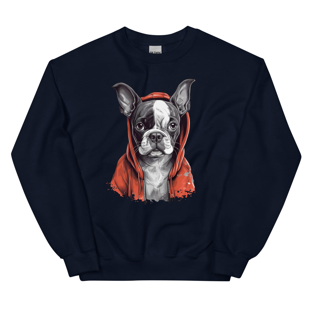 Boston Terrier in a Red Hoodie Sweatshirt