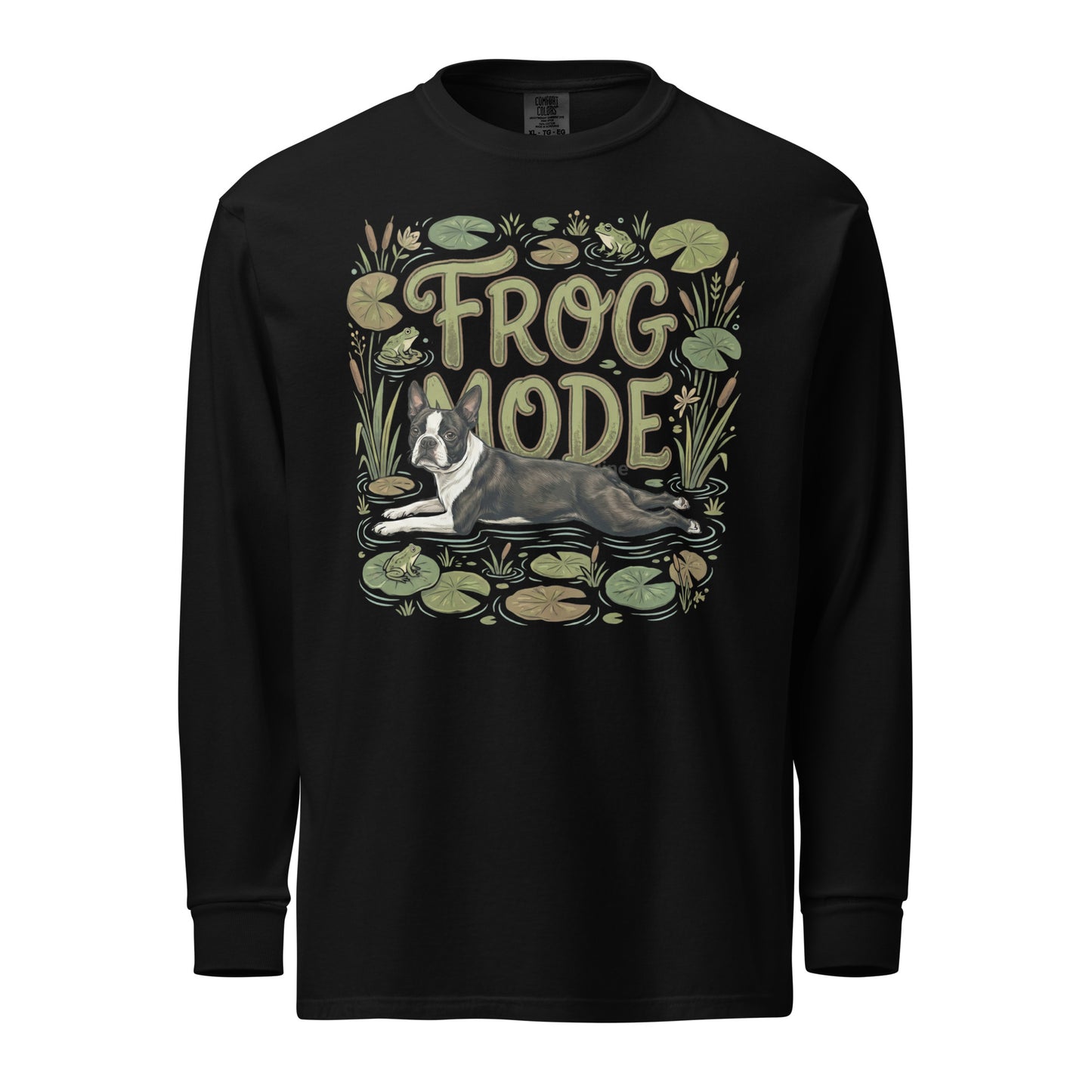 Frog Mode Boston Terrier Dog Frog Legs Garment-Dyed Heavyweight Long-Sleeve Shirt . Black
