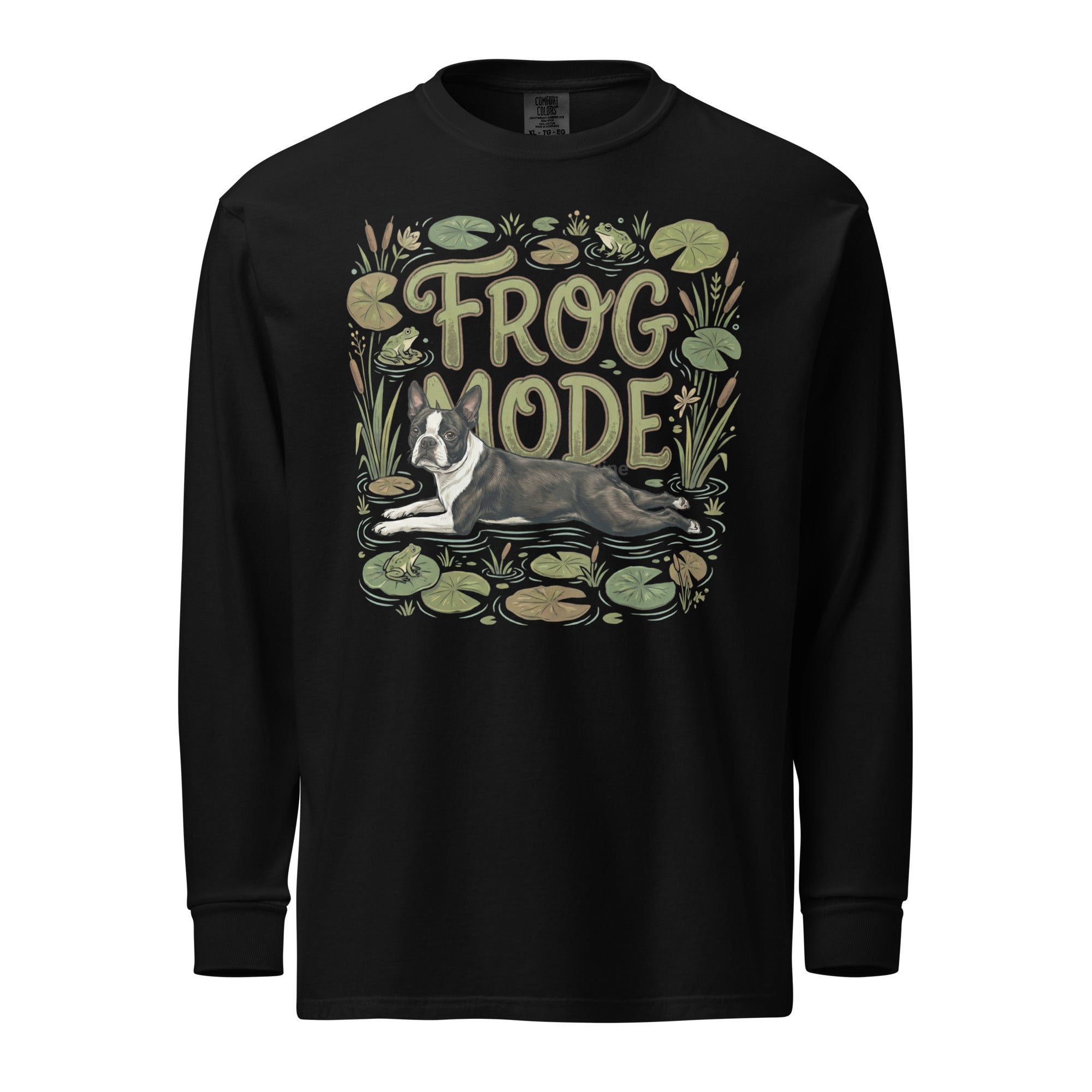 Frog Mode Boston Terrier Dog Frog Legs Garment-Dyed Heavyweight Long-Sleeve Shirt . Black