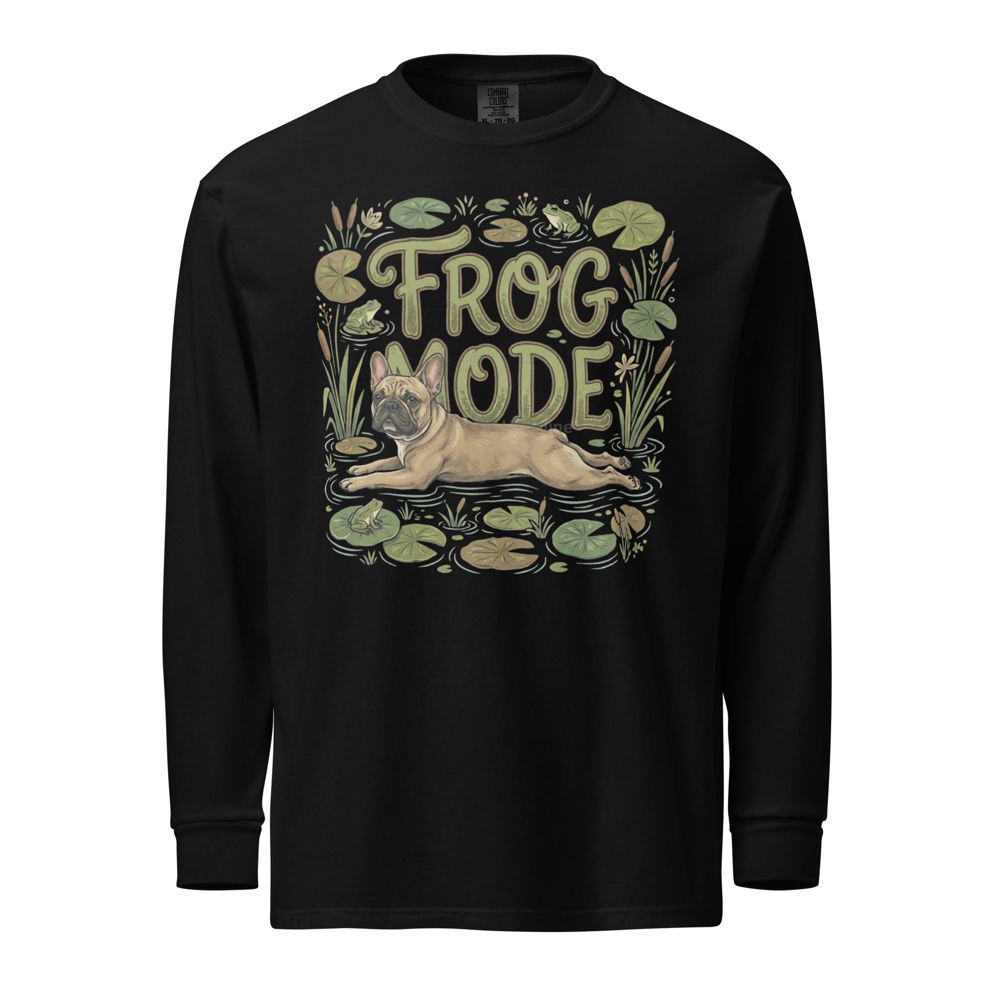 Frog Mode French Bulldog Garment-dyed Heavyweight Long-sleeve Shirt . Black