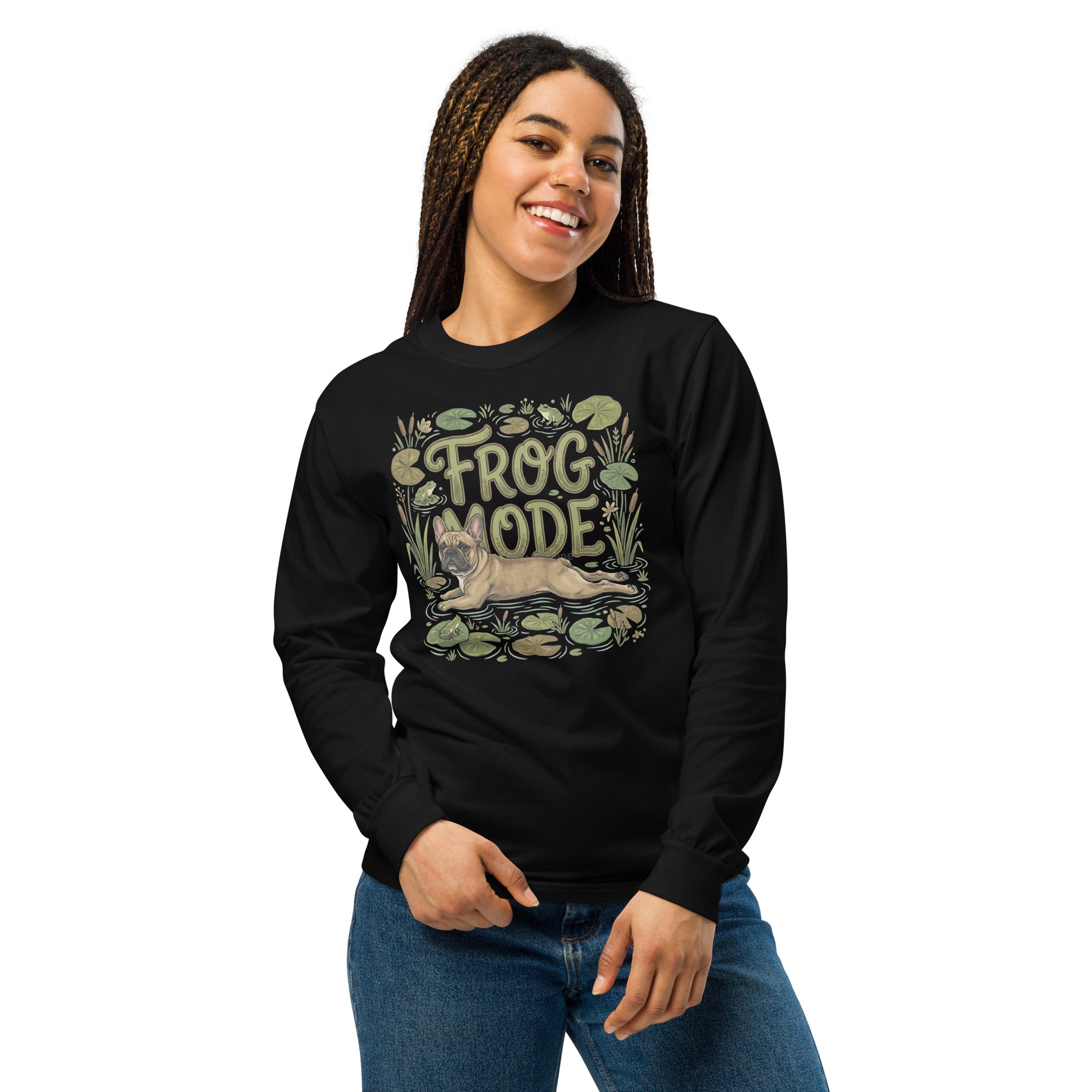 Frog Mode French Bulldog Garment-dyed Heavyweight Long-sleeve Shirt .