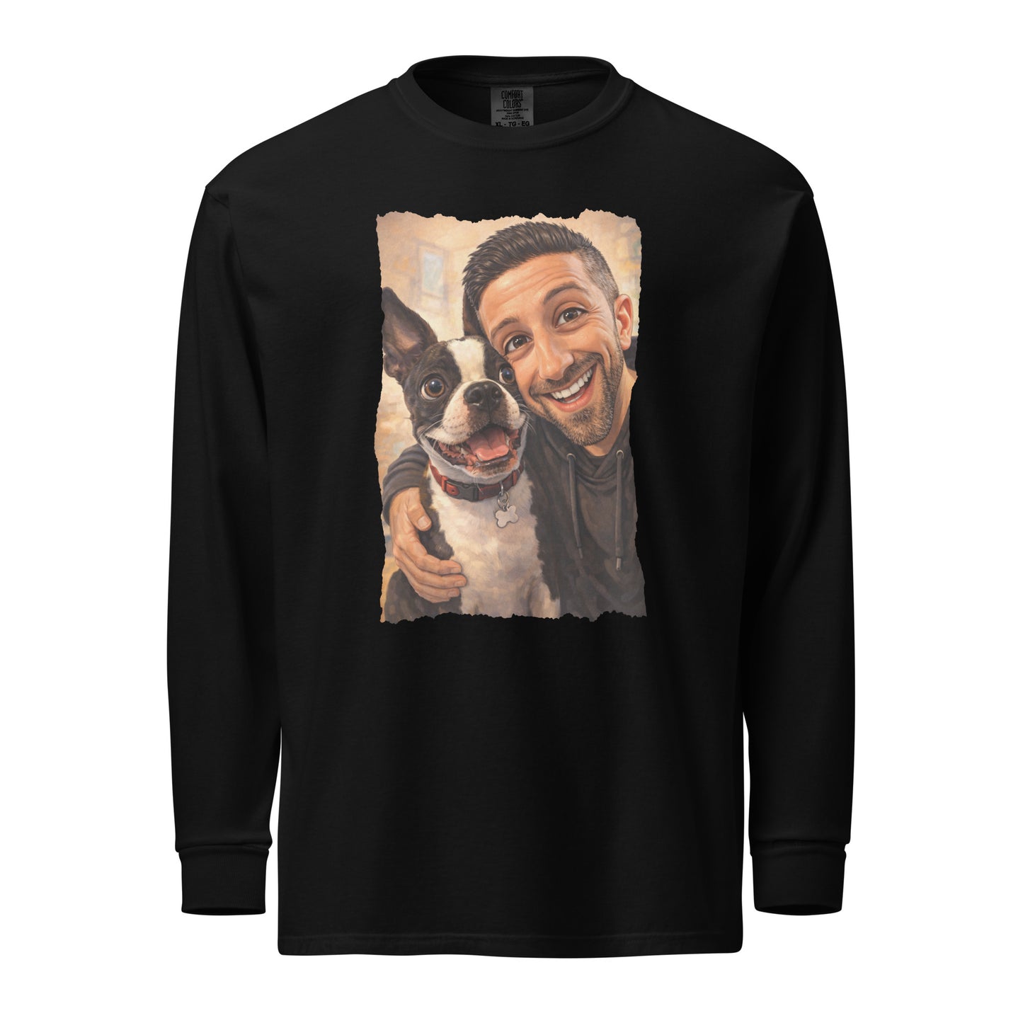 Custom Caricature Dog And Owner Portrait Garment-dyed Heavyweight Long-sleeve Shirt . Black