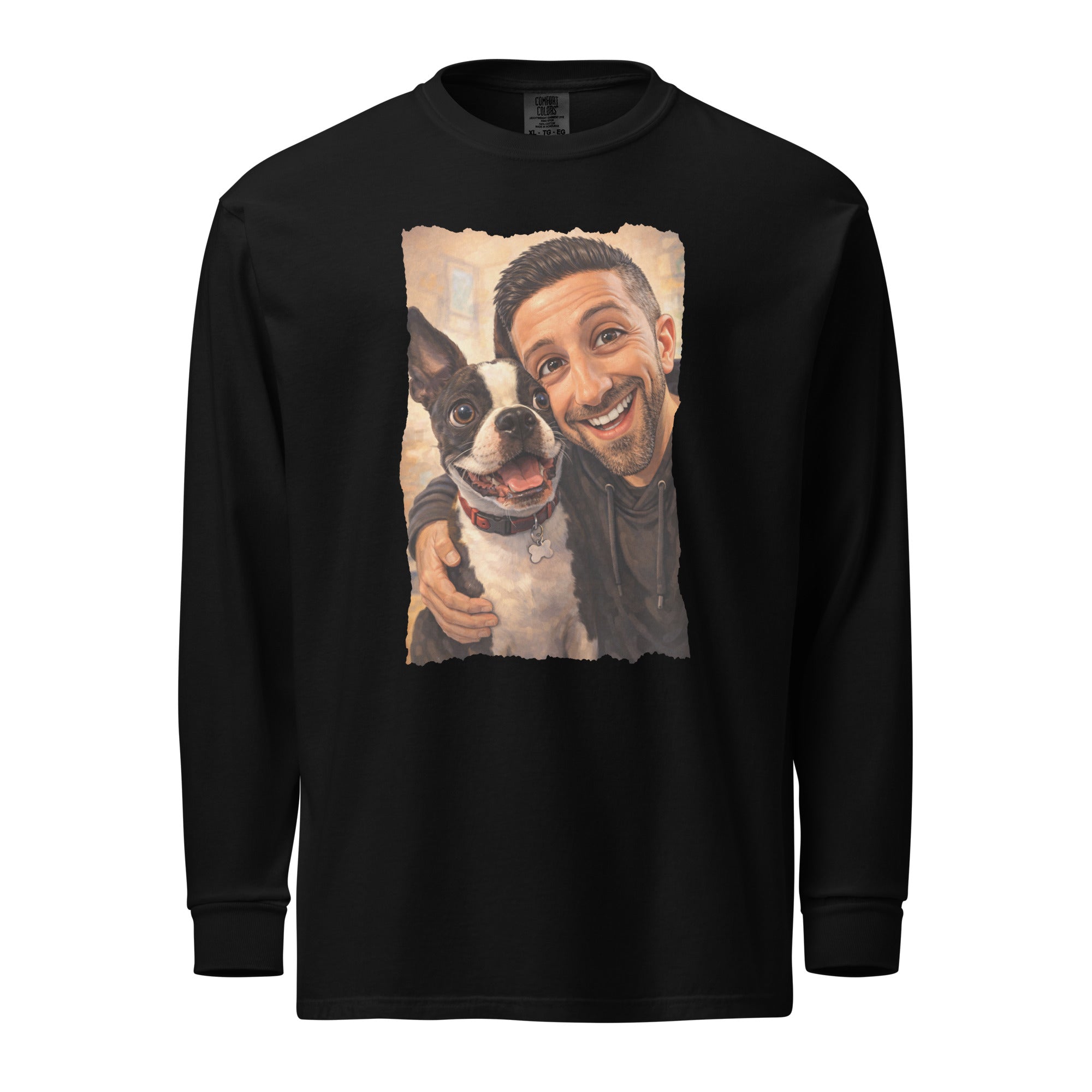 Custom Caricature Dog And Owner Portrait Garment-dyed Heavyweight Long-sleeve Shirt . Black