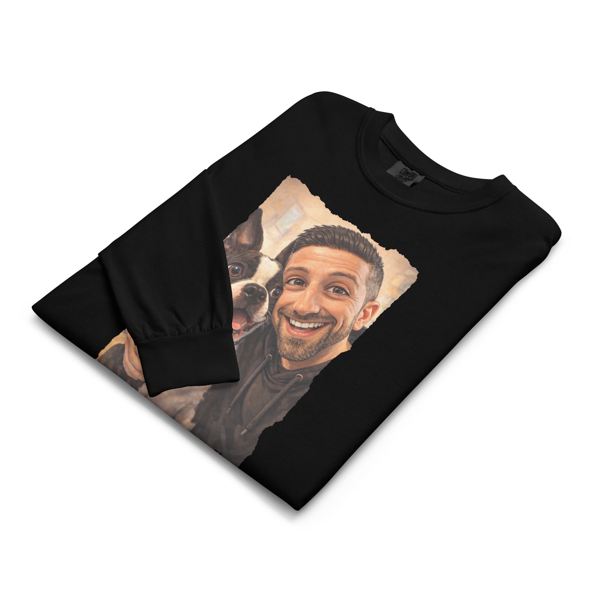 Custom Caricature Dog And Owner Portrait Garment-dyed Heavyweight Long-sleeve Shirt .