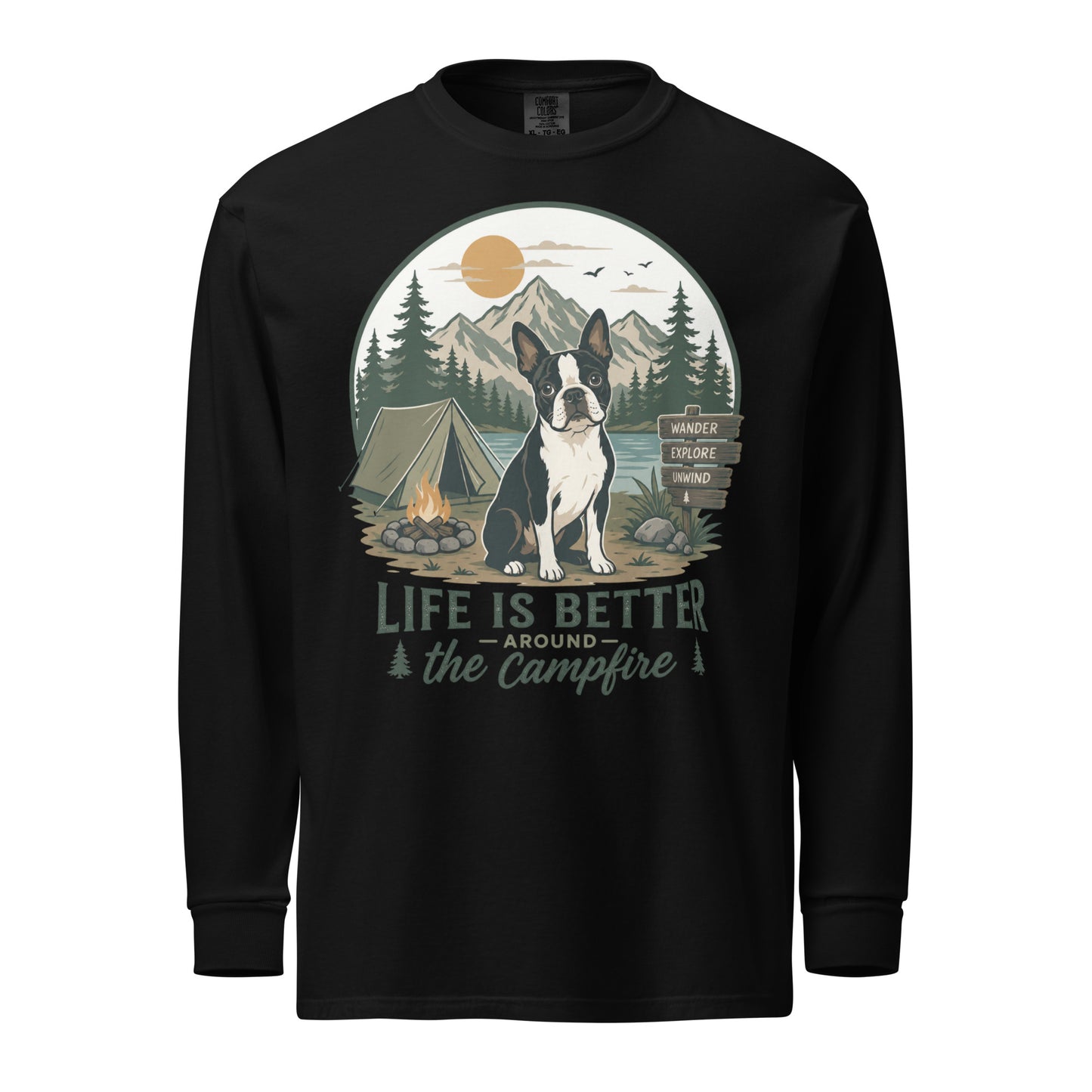 Life Is Better Around the Campfire Boston Terrier Shirt, Camping Dog Lover Garment-dyed Heavyweight Long-sleeve Shirt . Black