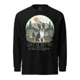 Life Is Better Around the Campfire Boston Terrier Shirt, Camping Dog Lover Garment-dyed Heavyweight Long-sleeve Shirt . Black