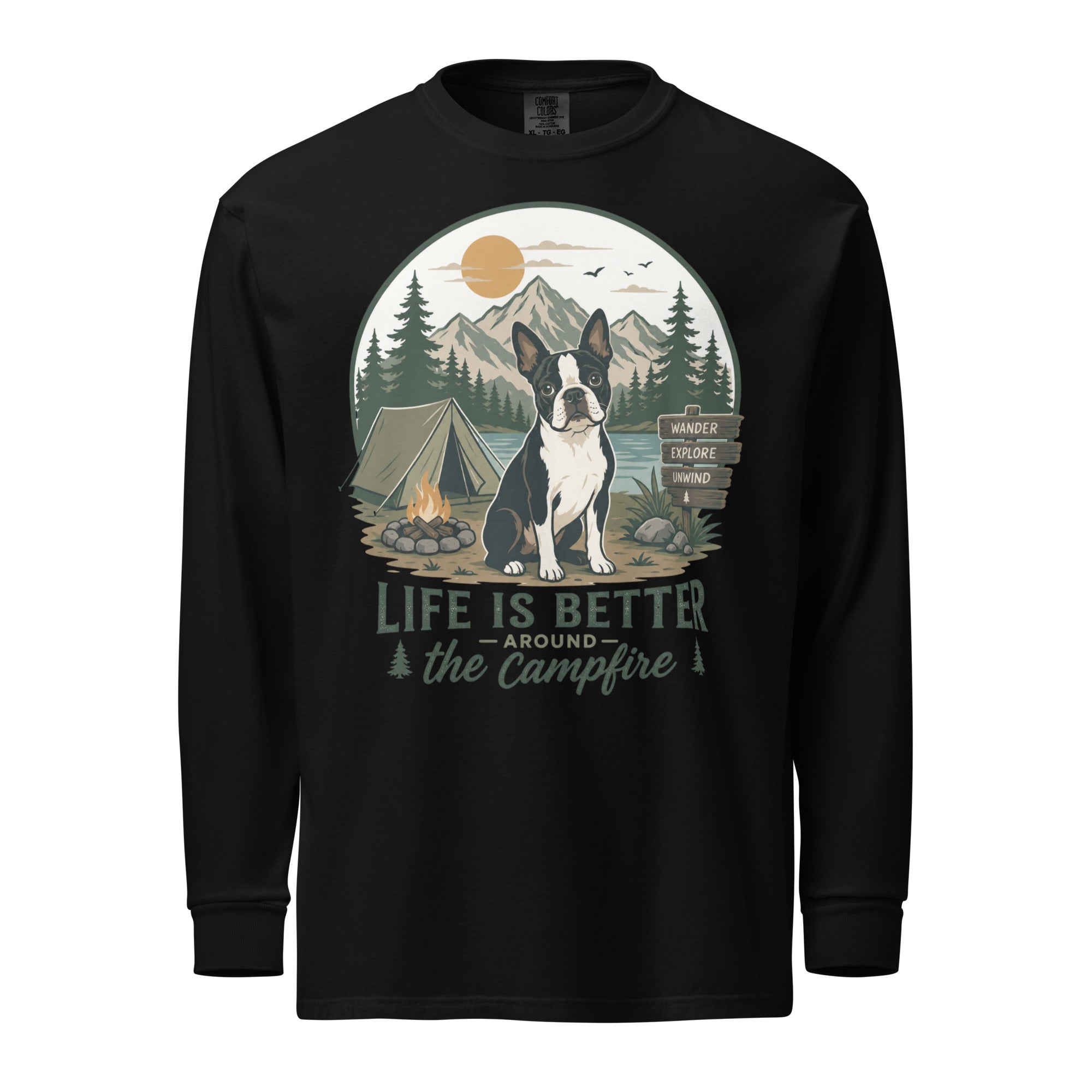 Life Is Better Around the Campfire Boston Terrier Shirt, Camping Dog Lover Garment-dyed Heavyweight Long-sleeve Shirt . Black