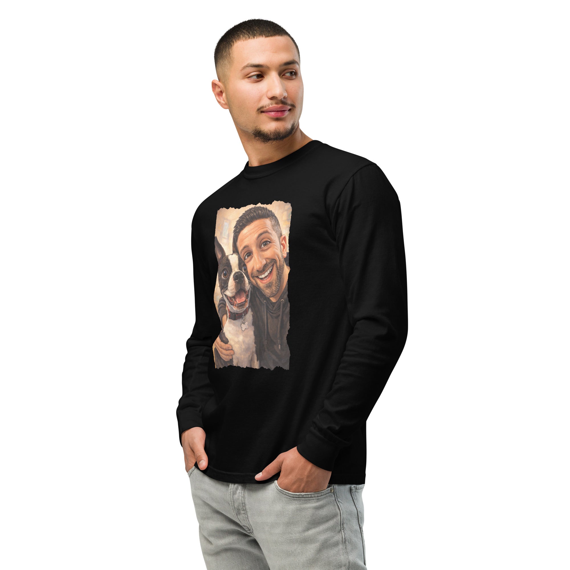 Custom Caricature Dog And Owner Portrait Garment-dyed Heavyweight Long-sleeve Shirt .
