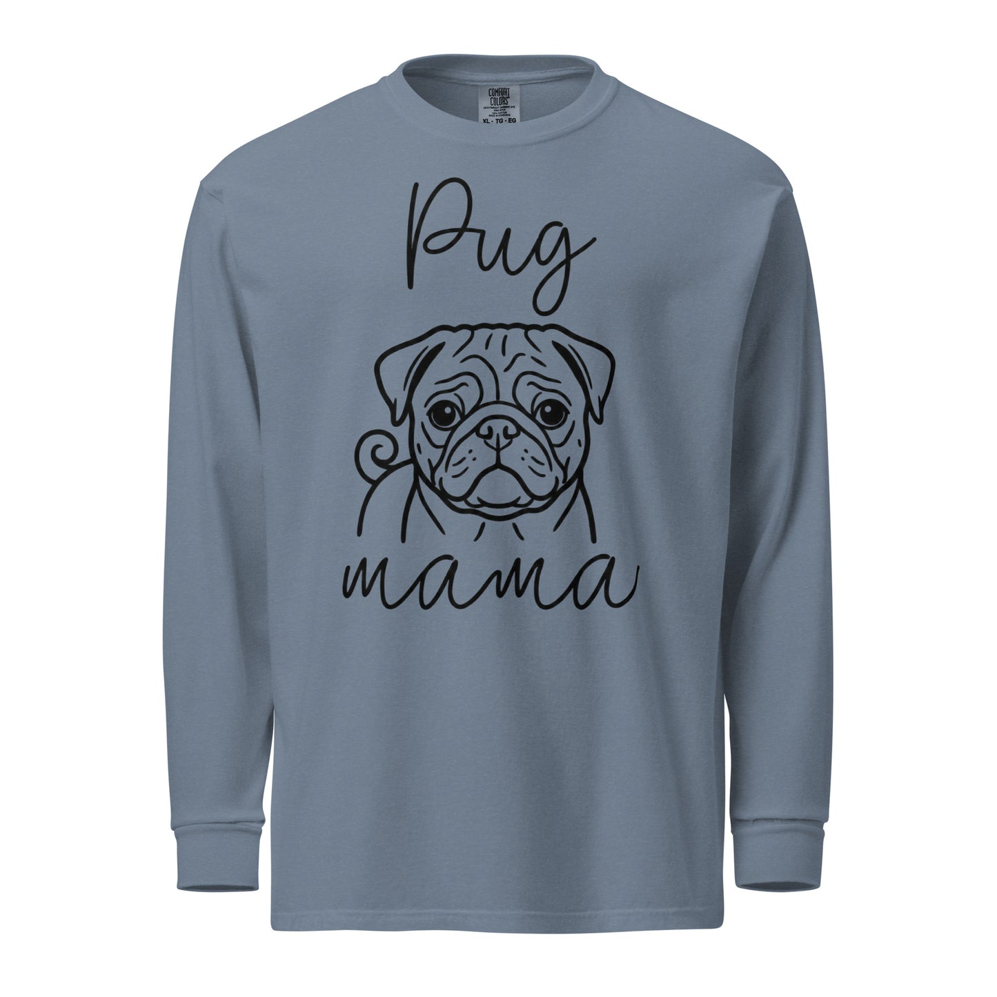 Pug Mama Mode Garment-dyed Heavyweight Long-Sleeve Shirt . Blue Jean