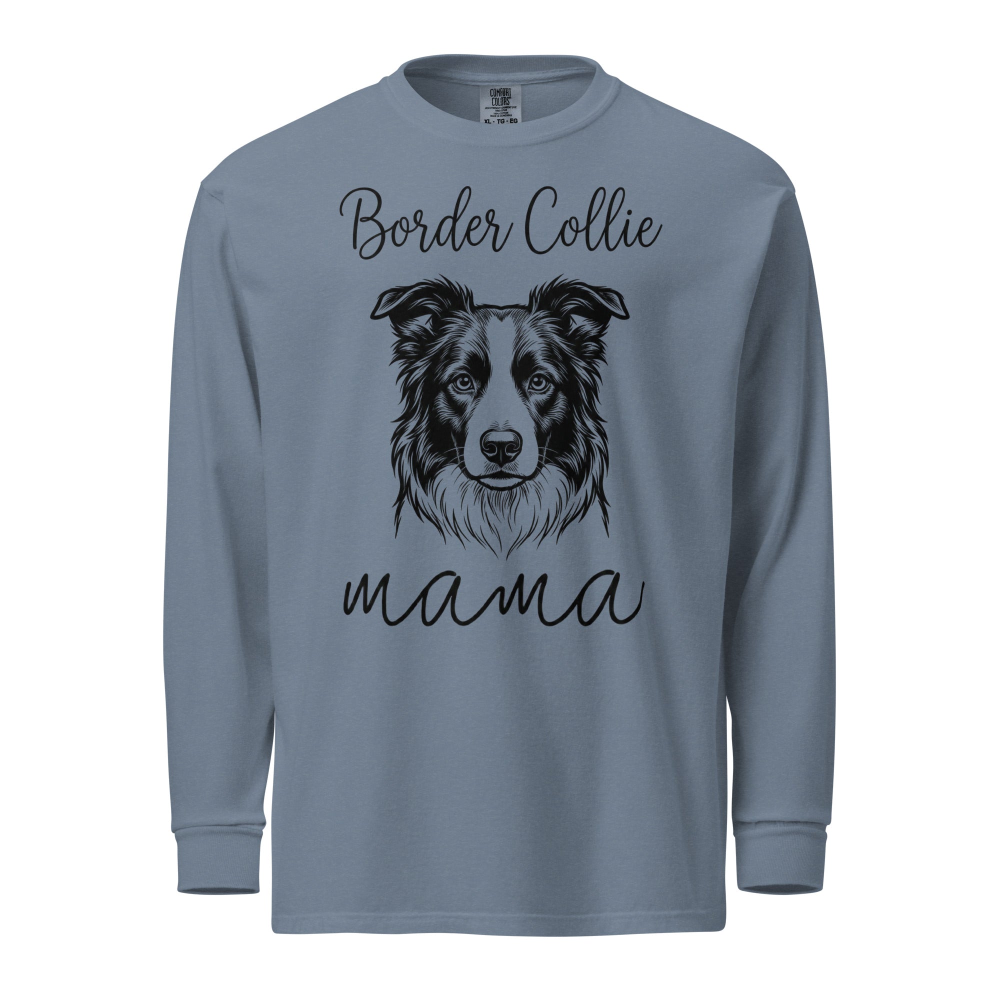 Border Collie Mama Mode Garment-dyed Heavyweight Long-sleeve Shirt . Blue Jean