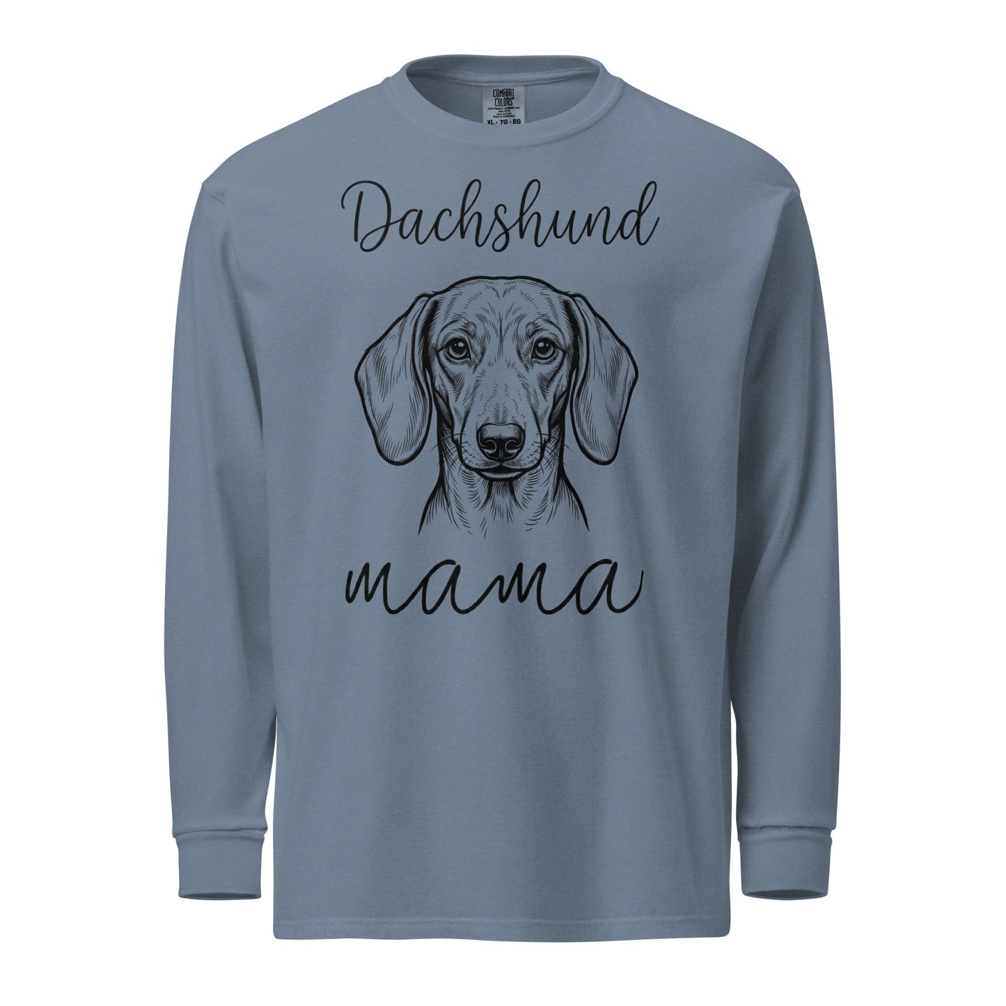Dachshund Mama Mode Garment-dyed Heavyweight Long-sleeve Shirt . Blue Jean