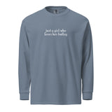 Just A Girl Who Loves Her Bulldog Garment-dyed Heavyweight Long-sleeve Shirt . Blue Jean