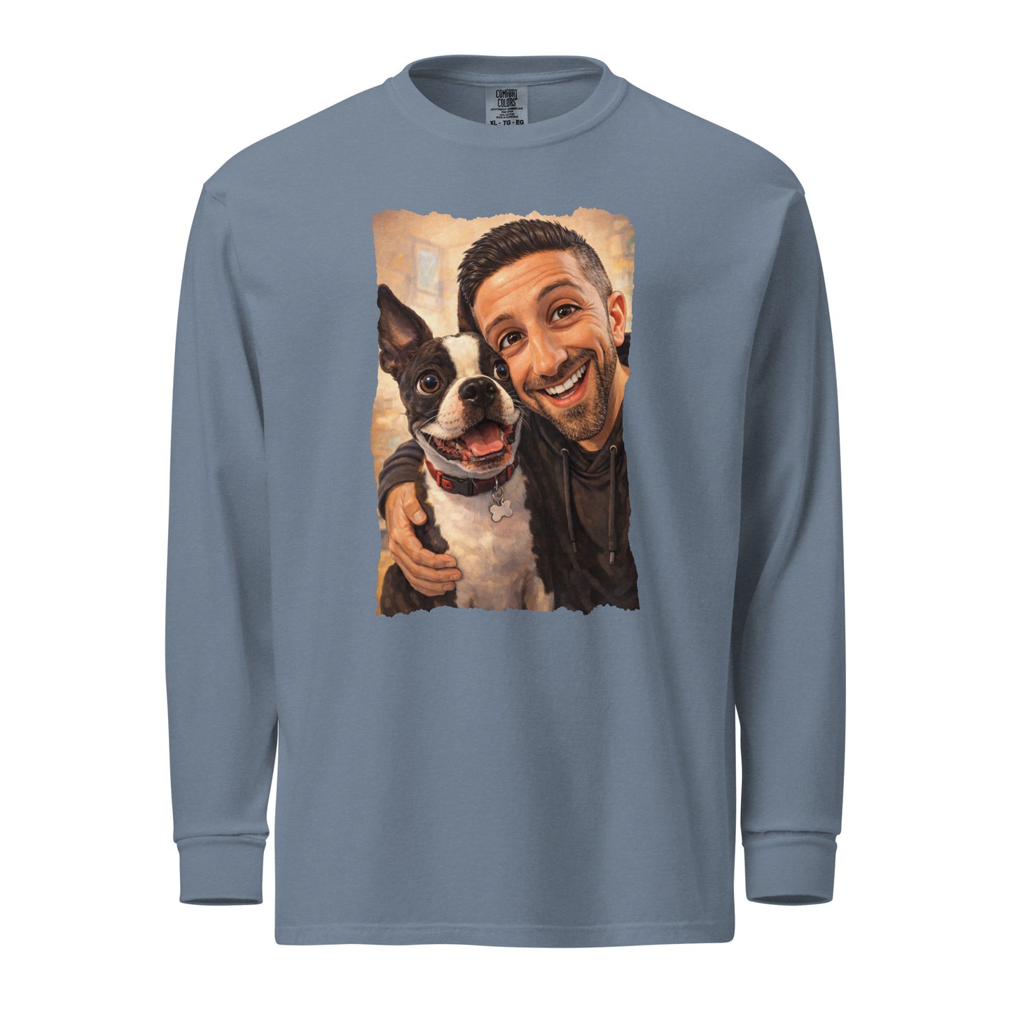 Custom Caricature Dog And Owner Portrait Garment-dyed Heavyweight Long-sleeve Shirt . Blue Jean