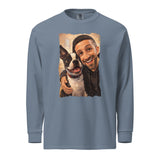 Custom Caricature Dog And Owner Portrait Garment-dyed Heavyweight Long-sleeve Shirt . Blue Jean