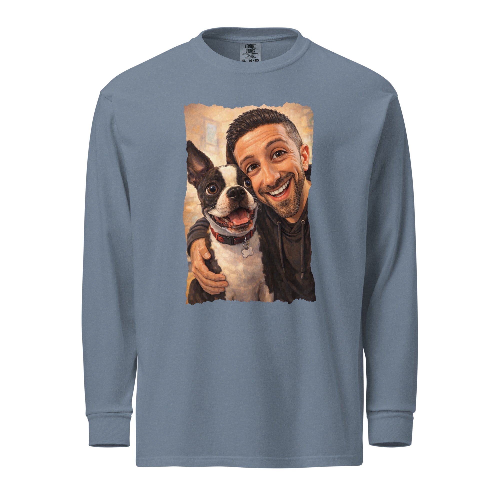 Custom Caricature Dog And Owner Portrait Garment-dyed Heavyweight Long-sleeve Shirt . Blue Jean