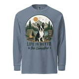 Life Is Better Around the Campfire Boston Terrier Shirt, Camping Dog Lover Garment-dyed Heavyweight Long-sleeve Shirt . Blue Jean