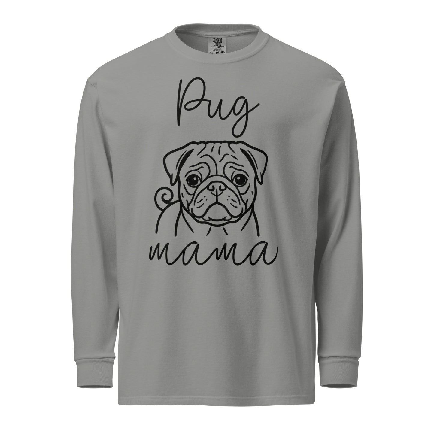Pug Mama Mode Garment-dyed Heavyweight Long-Sleeve Shirt . Grey