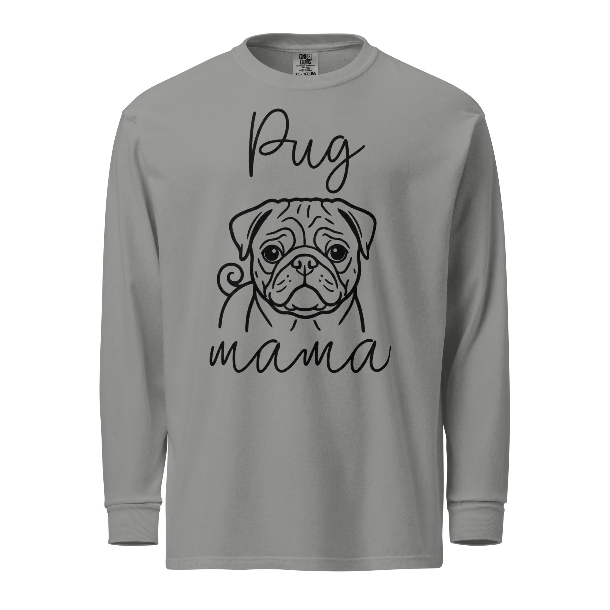 Pug Mama Mode Garment-dyed Heavyweight Long-Sleeve Shirt . Grey