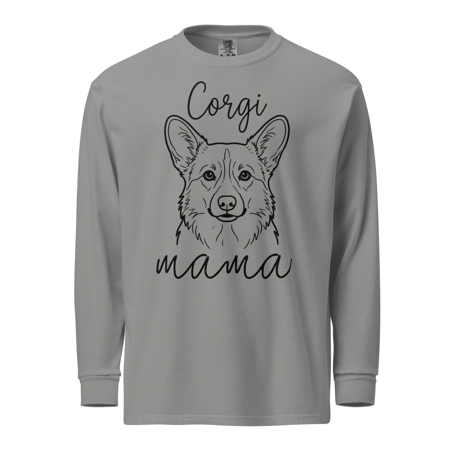 Corgi Mama Mode Garment-dyed Heavyweight Long-sleeve Shirt . Grey