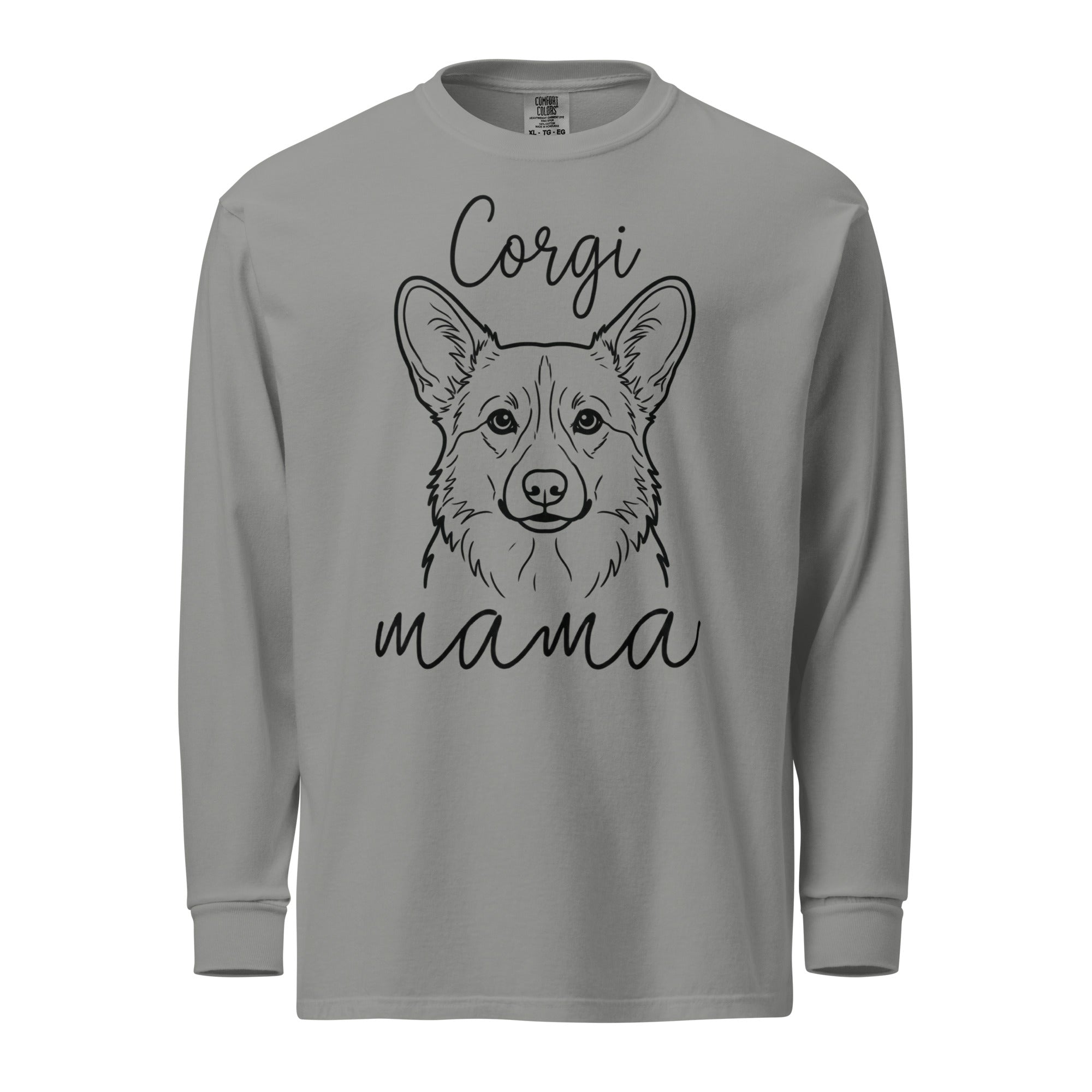 Corgi Mama Mode Garment-dyed Heavyweight Long-sleeve Shirt . Grey