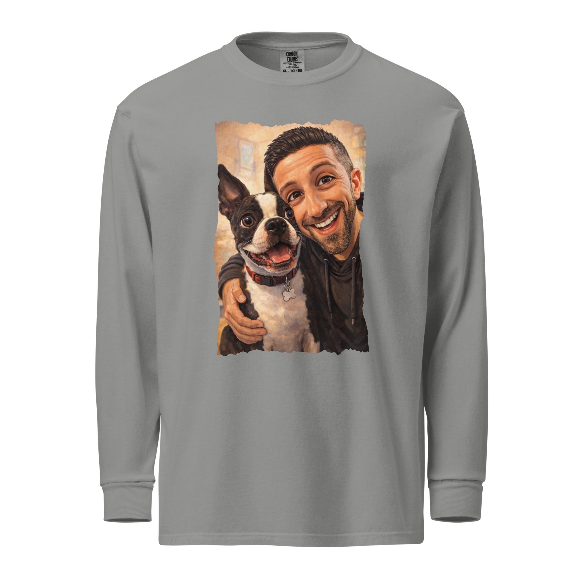 Custom Caricature Dog And Owner Portrait Garment-dyed Heavyweight Long-sleeve Shirt . Grey