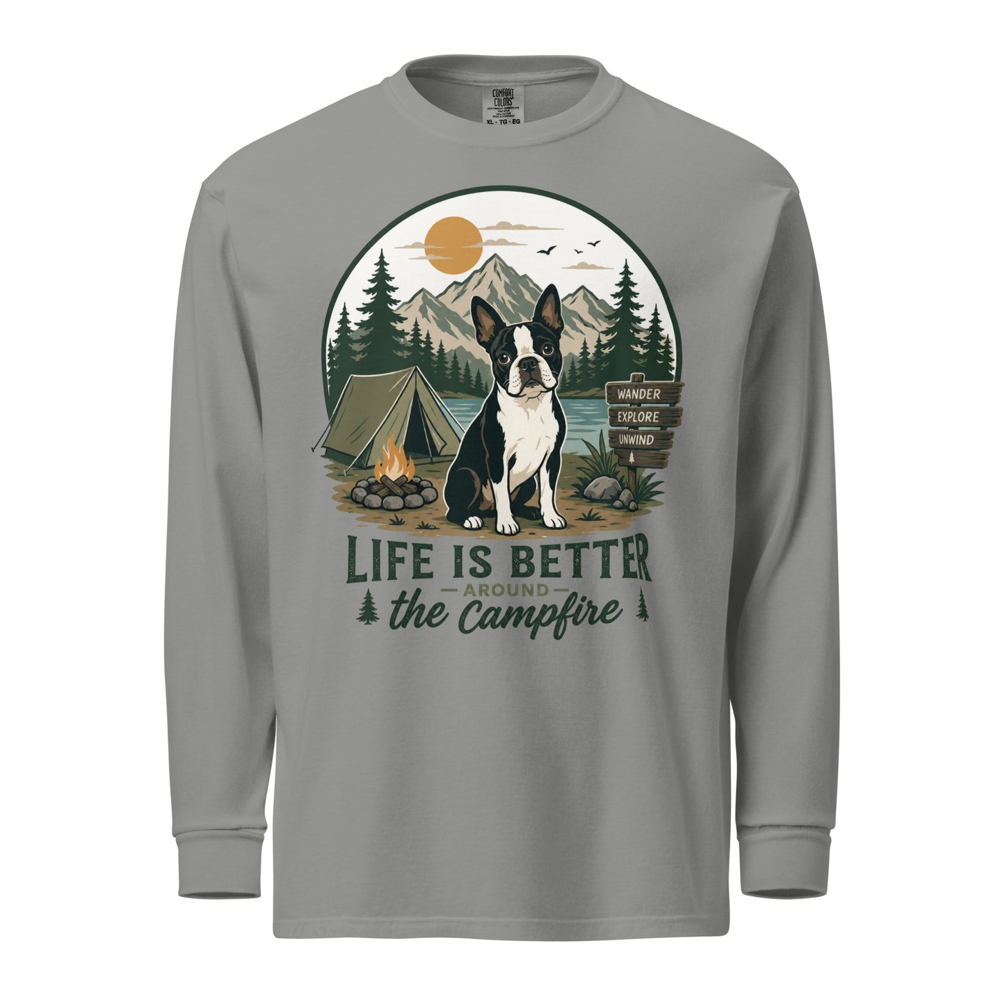 Life Is Better Around the Campfire Boston Terrier Shirt, Camping Dog Lover Garment-dyed Heavyweight Long-sleeve Shirt . Grey