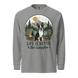 Life Is Better Around the Campfire Boston Terrier Shirt, Camping Dog Lover Garment-dyed Heavyweight Long-sleeve Shirt . Grey
