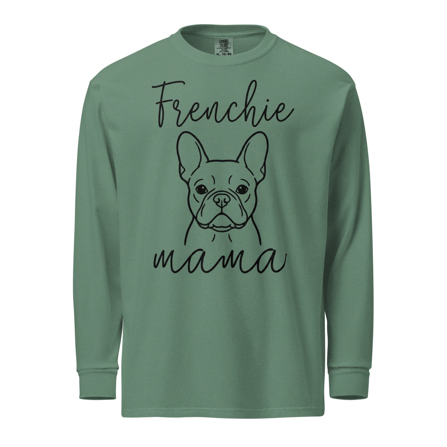 French Bulldog Frenchie Mama Mode Garment-dyed Heavyweight Long-Sleeve Shirt . Light Green