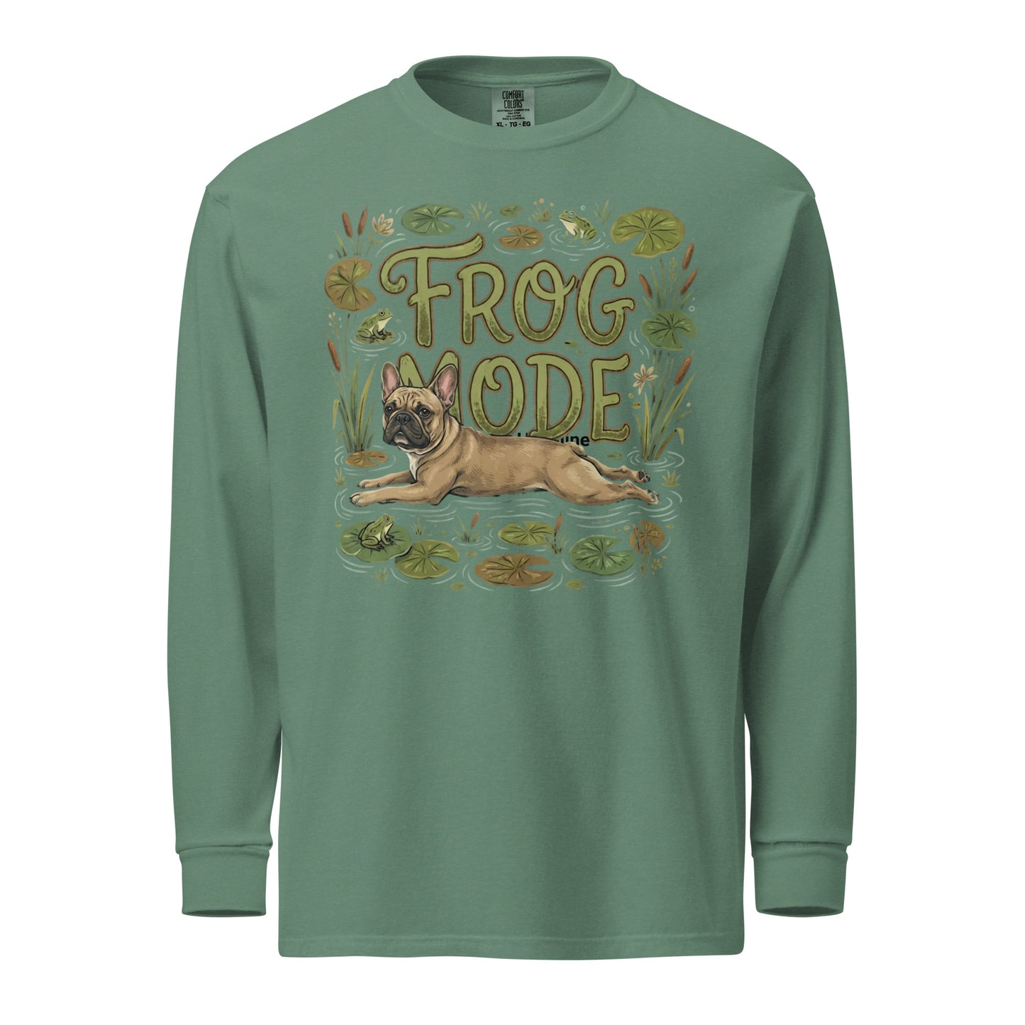 Frog Mode French Bulldog Garment-dyed Heavyweight Long-sleeve Shirt . Light Green