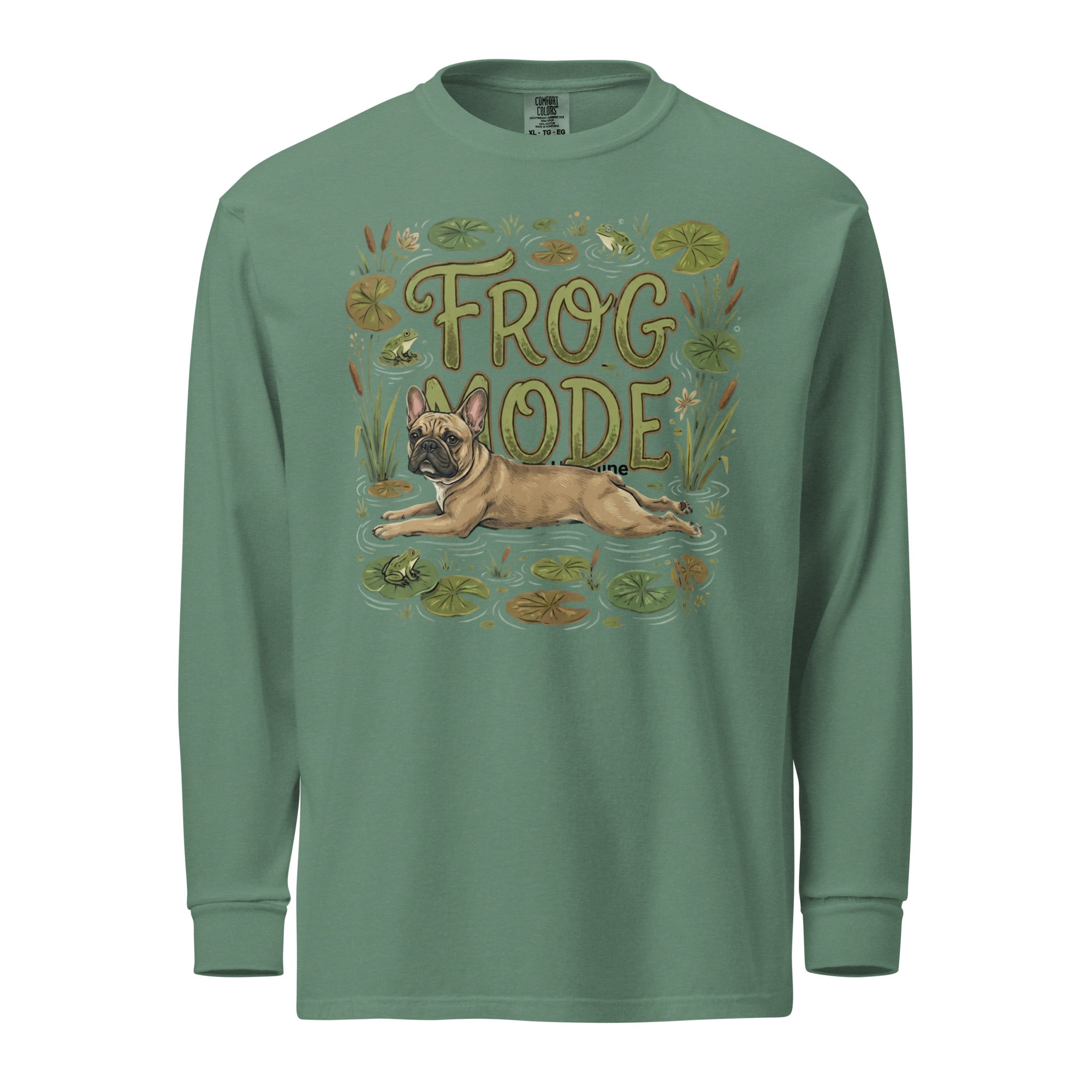 Frog Mode French Bulldog Garment-dyed Heavyweight Long-sleeve Shirt . Light Green