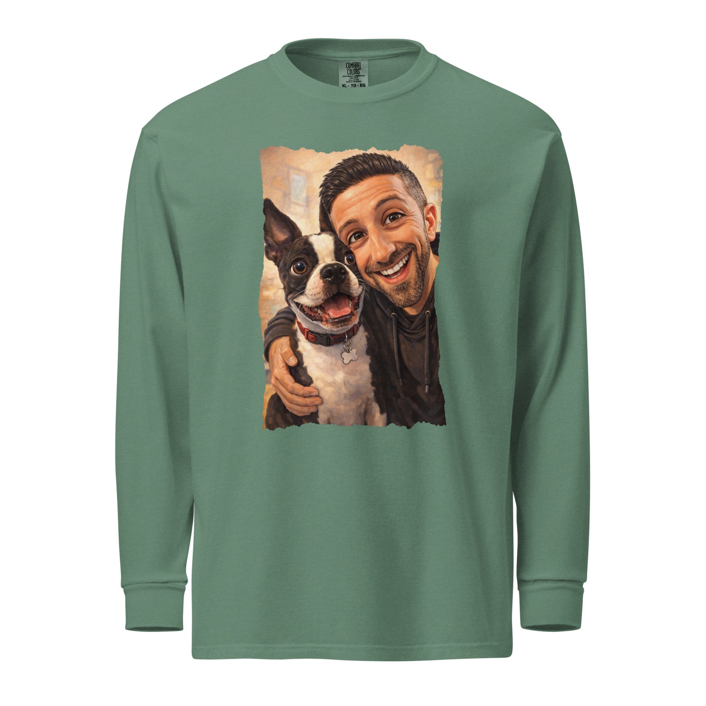 Custom Caricature Dog And Owner Portrait Garment-dyed Heavyweight Long-sleeve Shirt . Light Green