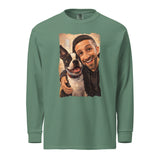 Custom Caricature Dog And Owner Portrait Garment-dyed Heavyweight Long-sleeve Shirt . Light Green