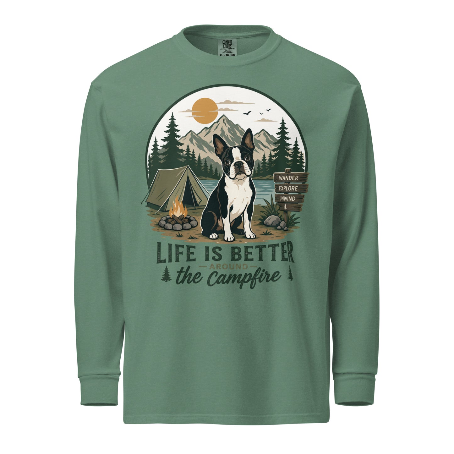 Life Is Better Around the Campfire Boston Terrier Shirt, Camping Dog Lover Garment-dyed Heavyweight Long-sleeve Shirt . Light Green
