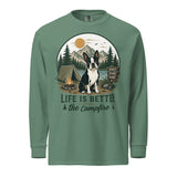 Life Is Better Around the Campfire Boston Terrier Shirt, Camping Dog Lover Garment-dyed Heavyweight Long-sleeve Shirt . Light Green