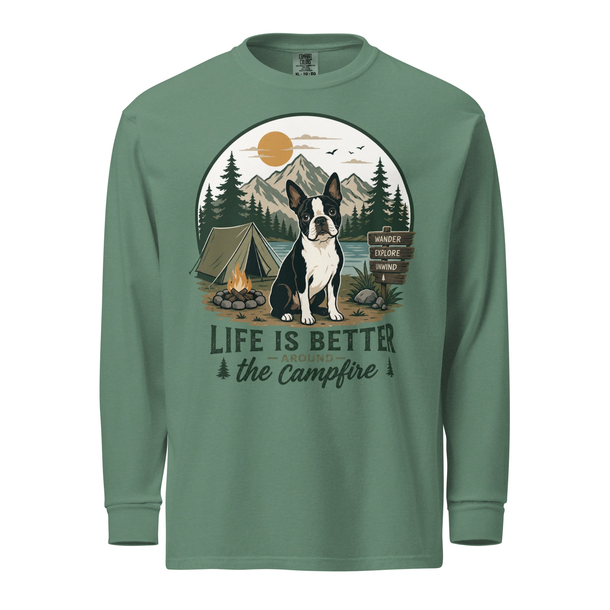 Life Is Better Around the Campfire Boston Terrier Shirt, Camping Dog Lover Garment-dyed Heavyweight Long-sleeve Shirt . Light Green