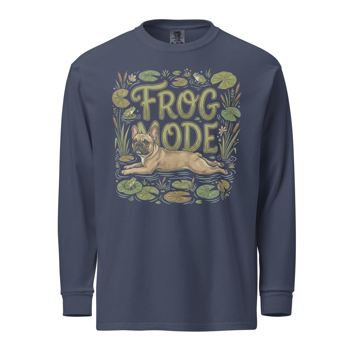 Frog Mode French Bulldog Garment-dyed Heavyweight Long-sleeve Shirt . Navy